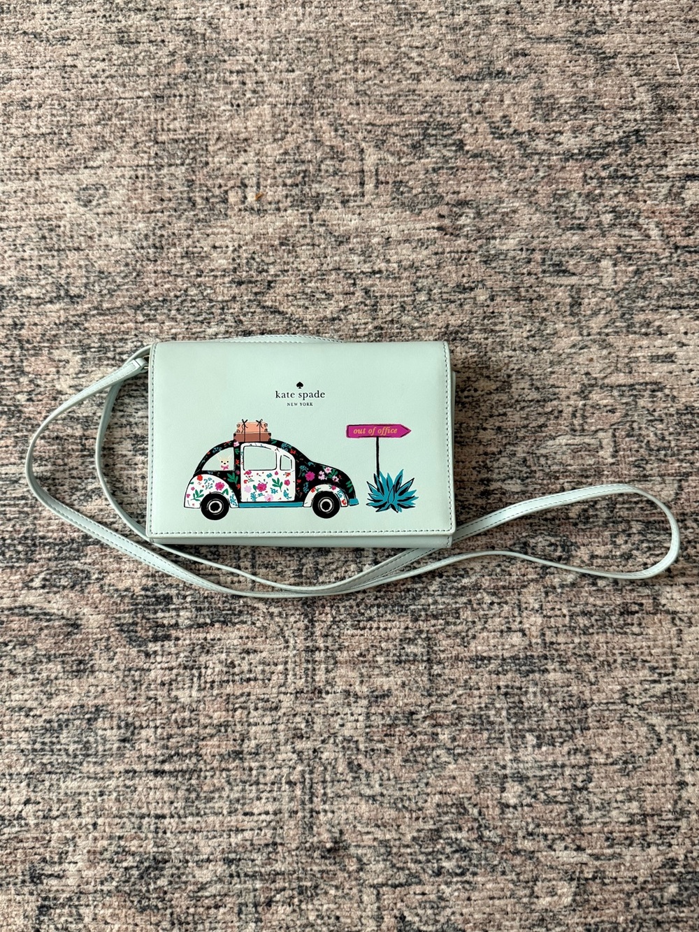 kate spade mint crossbody wallet with floral car motif